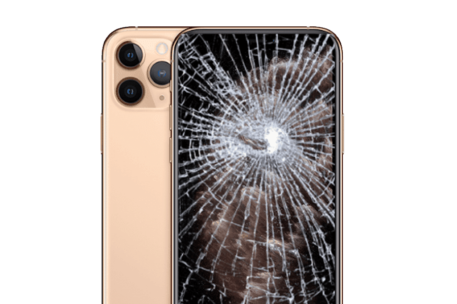 Cracked iPhone screen next to a gold iPhone. Repairing a broken iPhone screen. ER4Gadgets