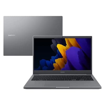 Samsung Galaxy Book laptop, silver color, with colorful abstract wallpaper on the screen. ER4Gadgets