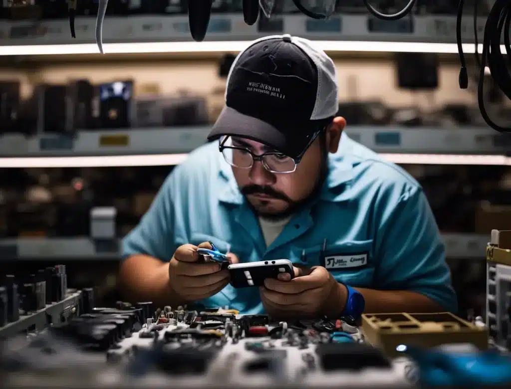 Technician repairing an iPhone with tools and components on a workbench, focusing on Apple repair services. ER4Gadgets
