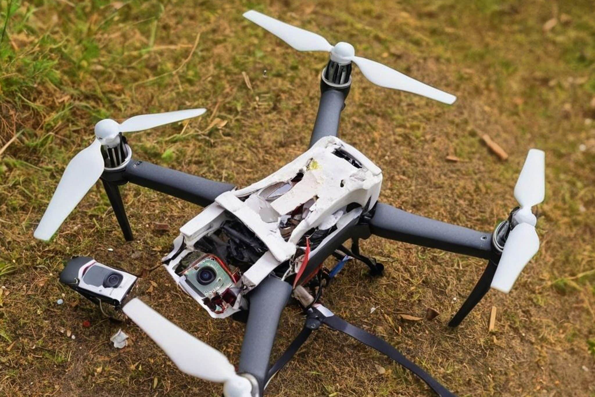 Crashed drone on grass, showing damage to the body and detached camera. ER4Gadgets