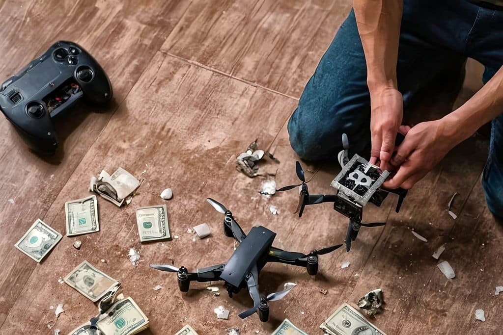 Damaged drone on floor with scattered money, controller, and debris, illustrating drone repair costs. ER4Gadgets