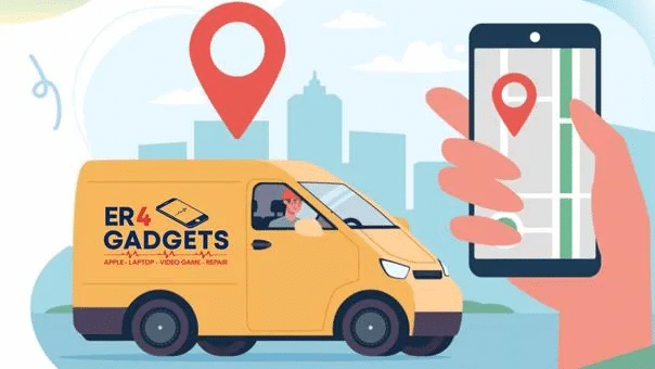 ER4GADGETS repair van with technician, and a hand holding a phone with map. ER4Gadgets