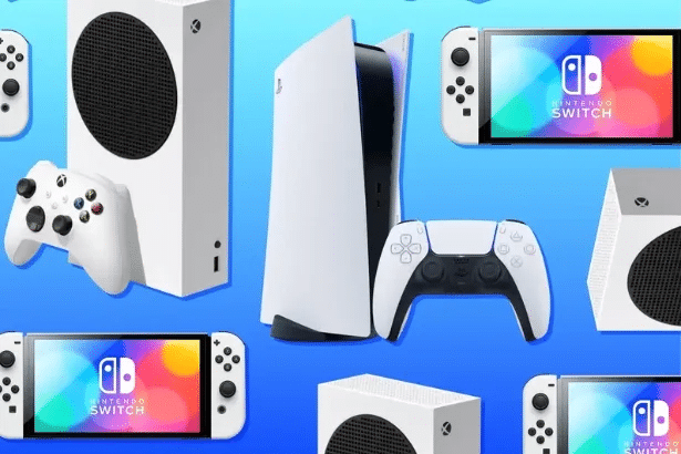 Xbox Series X/S, PlayStation 5, and Nintendo Switch consoles on a blue background. ER4Gadgets