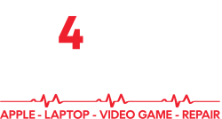 ER4 Gadgets logo: Apple, laptop, video game repair. Phone with heartbeat line. ER4Gadgets